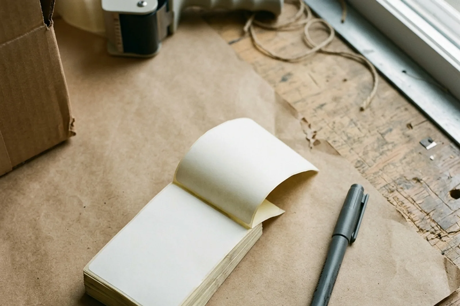 A stack of blank shipping labels and a pen on a workshop packing bench.